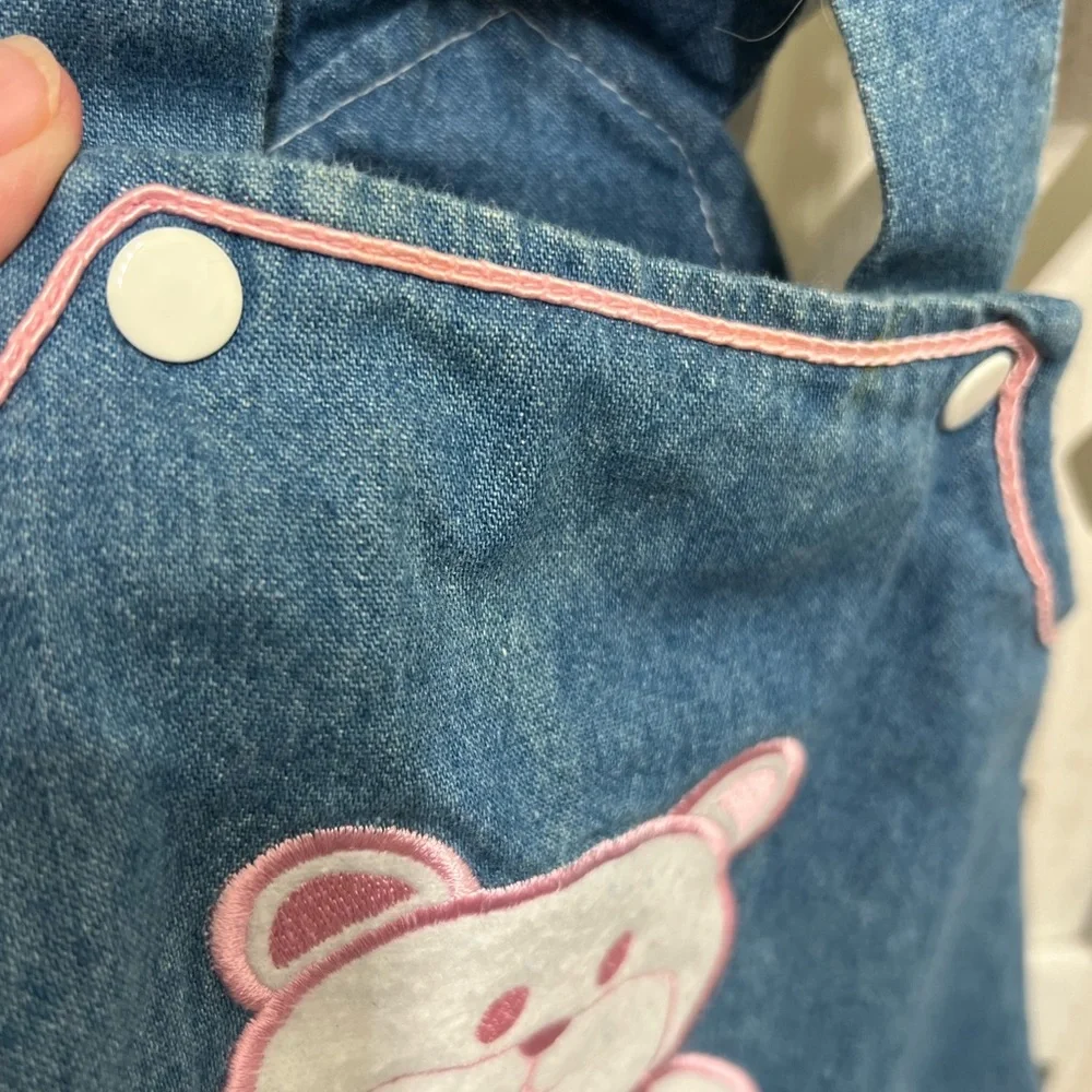 Vintage Y2K Denim Baby Dress with Teddy Appliqué and Matching Scrunchie Hat